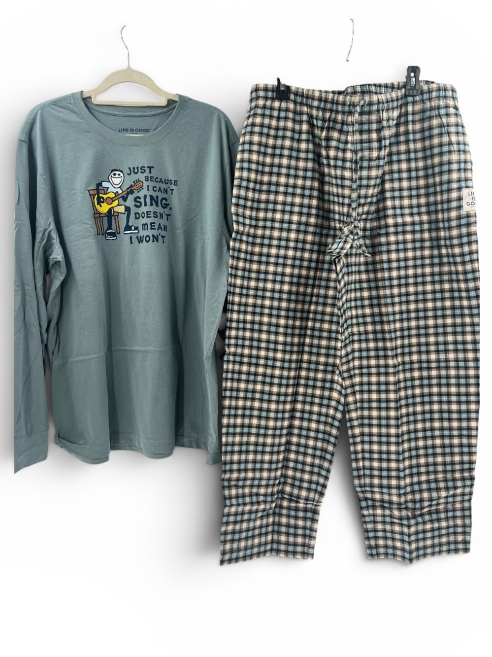 Life Is Good Pajama Set Mens XL Plaid Pants Graphic Tee NWT